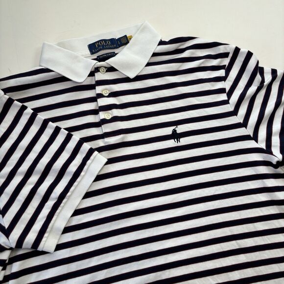 Polo Ralph Lauren Custom Slim Fit Mens Large White Blue Stripe Short Sleeve Polo - Picture 2 of 6